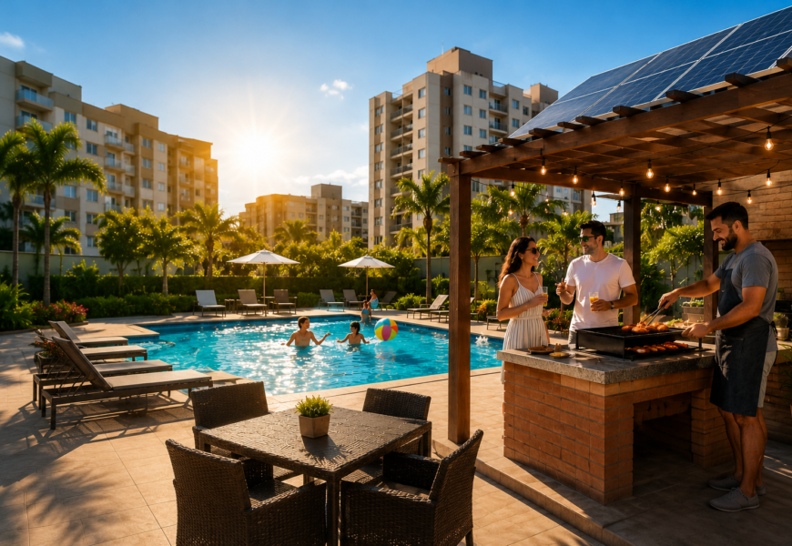 Churrasco, piscina e energia solar: por que o lazer do condomínio também depende do sol